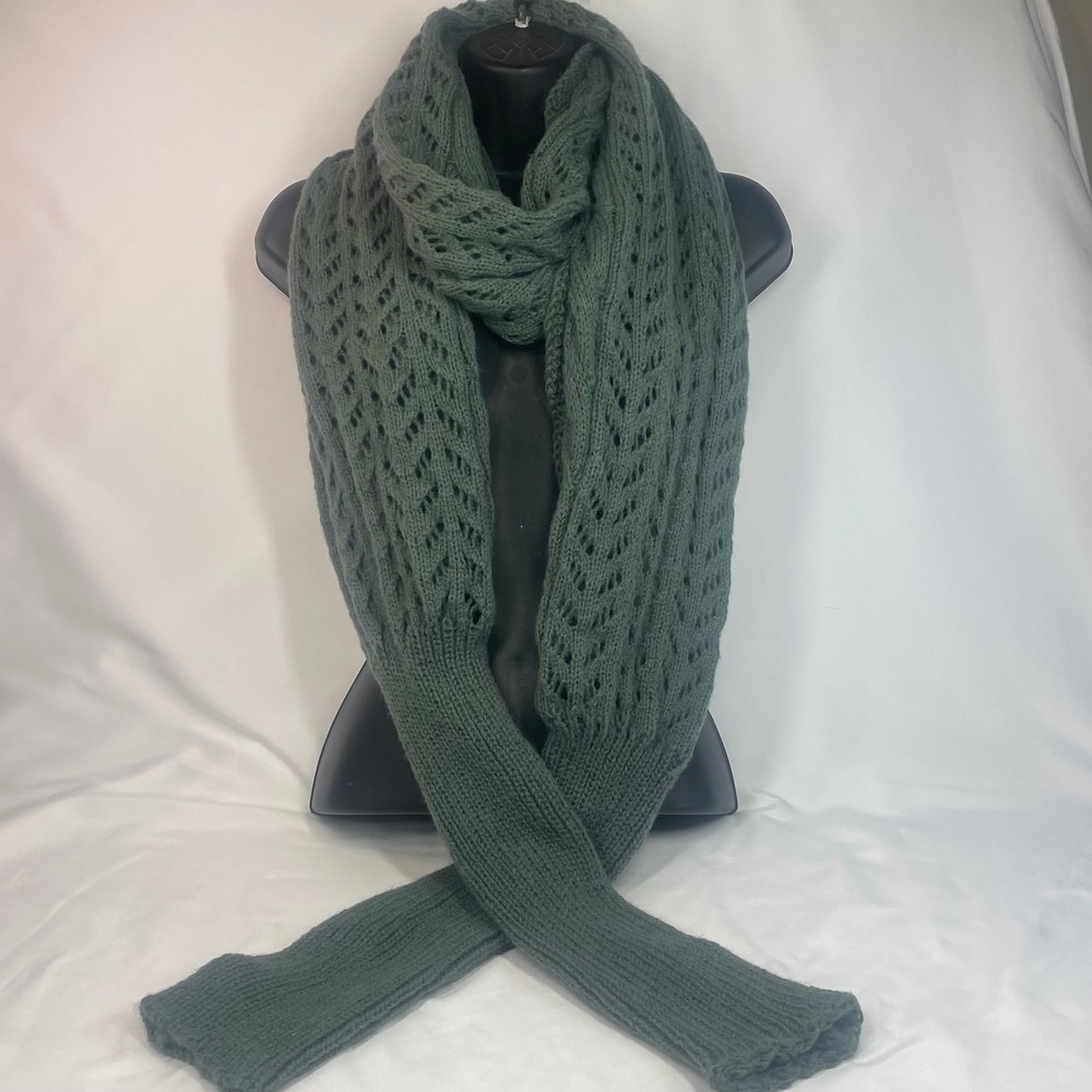 Womens Olive Green Knitted Scarf with Sleeves Casual Shawl Wrap 74" NWOT
